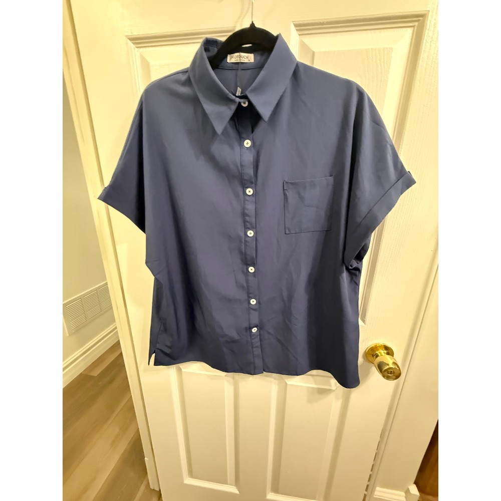 Hotouch Navy Blue Short Sleeve Button Down Shirt Boxy Oversized Blouse XL